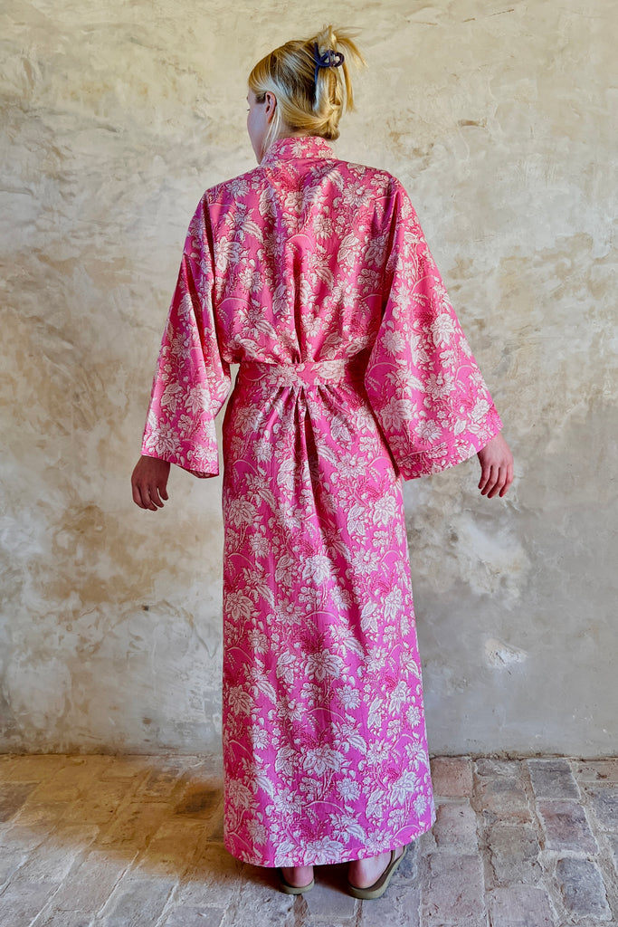 full length light cotton kimono robe in pink botanic floral print by caro london