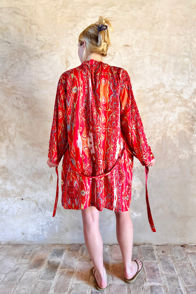 short kimono robe in red white and turquoise swirly abstract print on viscose fabric by caro london