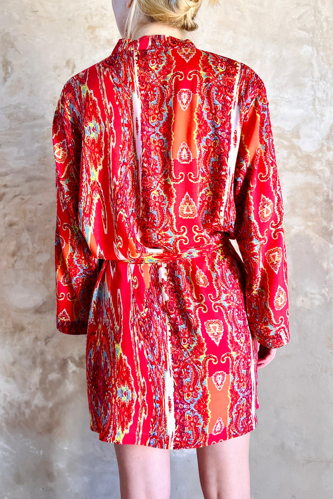 short kimono robe in red white and turquoise swirly abstract print on viscose fabric by caro london