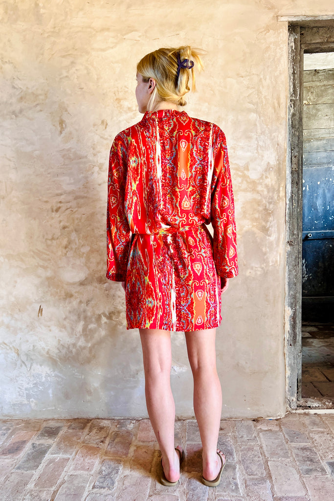 short kimono robe in red white and turquoise swirly abstract print on viscose fabric by caro london