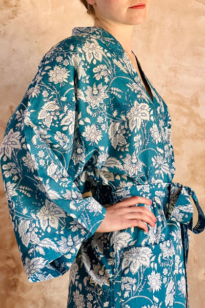 Long full length ladies kimono robe in blue and white botanic floral print