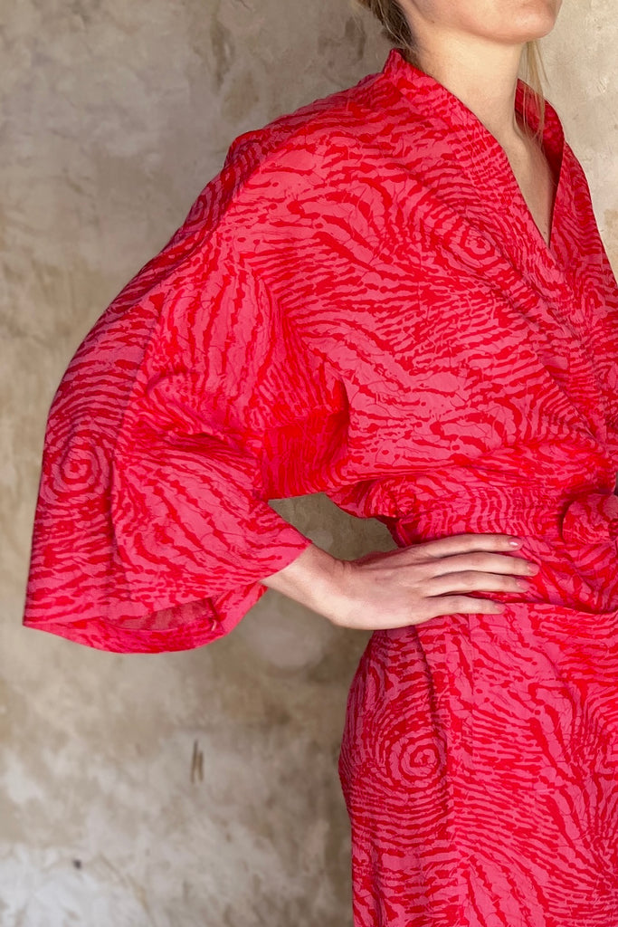 red swirly print lightweight cotton kimono robe by caro london
