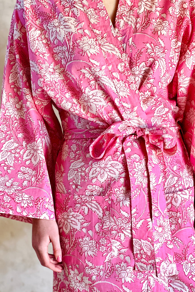 full length light cotton kimono robe in pink botanic floral print by caro london