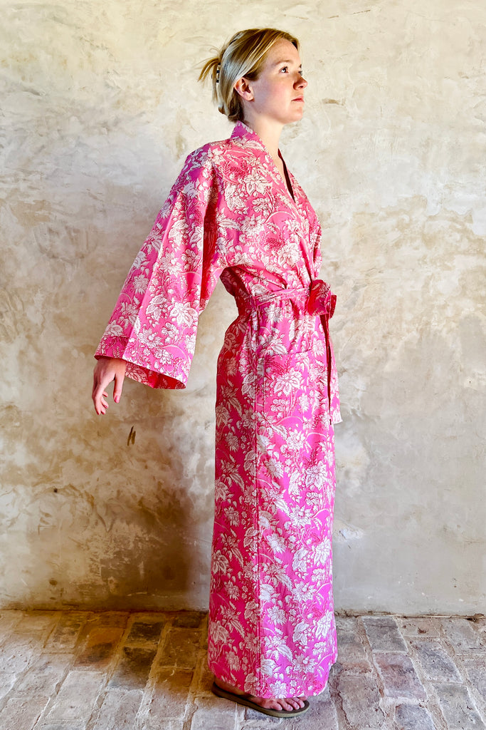 full length light cotton kimono robe in pink botanic floral print by caro london