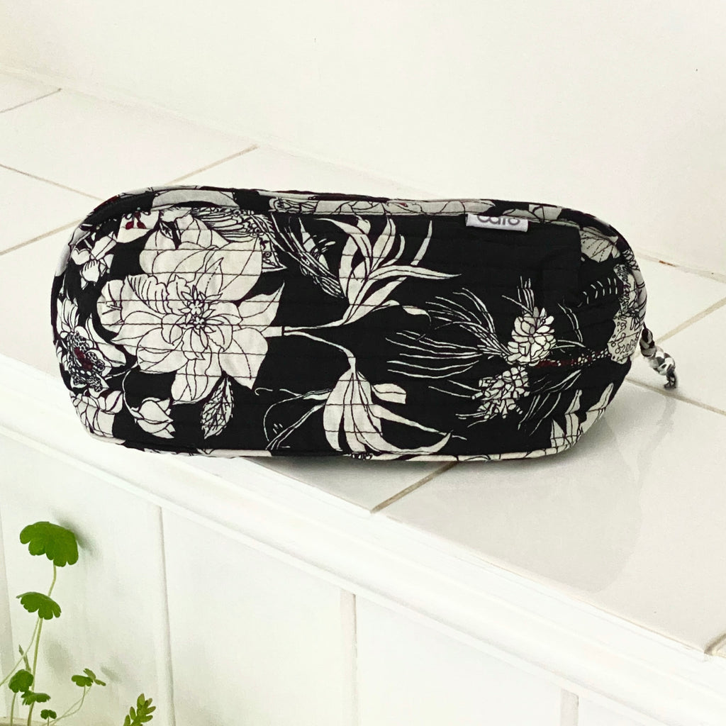 Black and white floral printed long make up bag