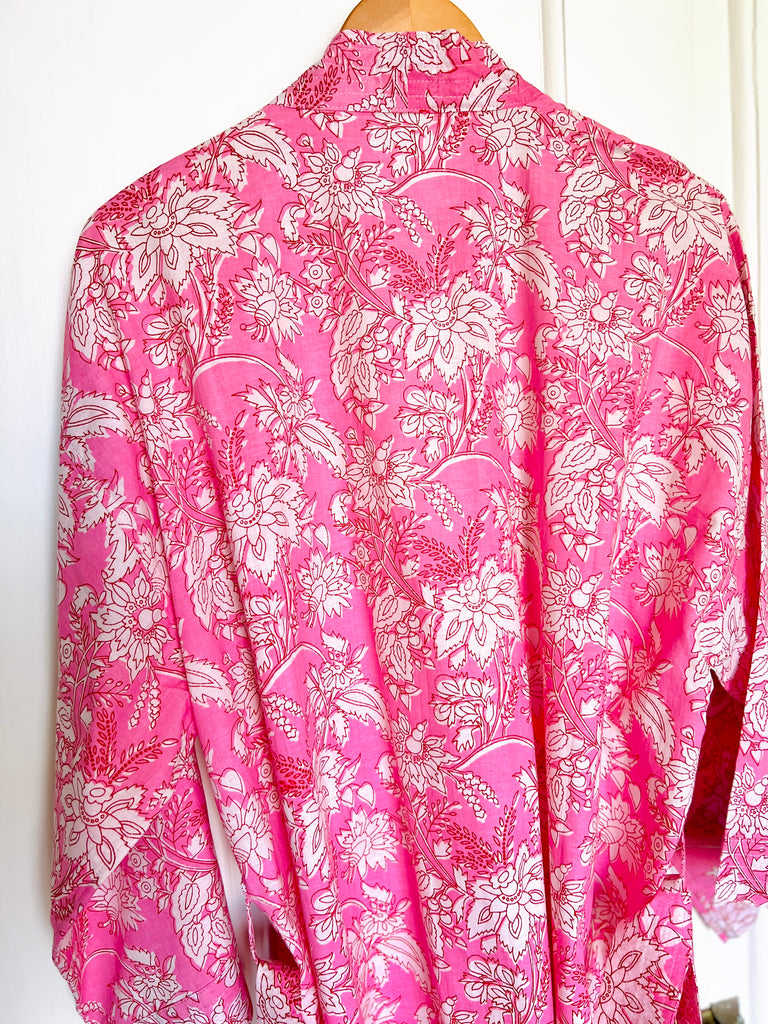 full length light cotton kimono robe in pink botanic floral print by caro london