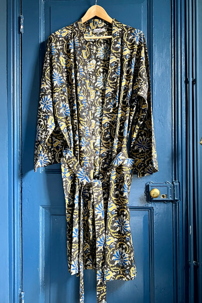 men's cotton kimono dressing gown in black, blue and yellow large scale painterly floral.
