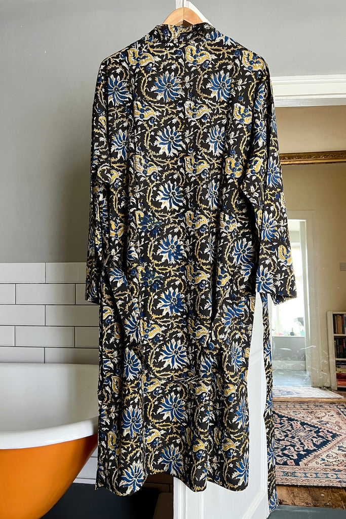 men's cotton kimono dressing gown in black, blue and yellow large scale painterly floral.