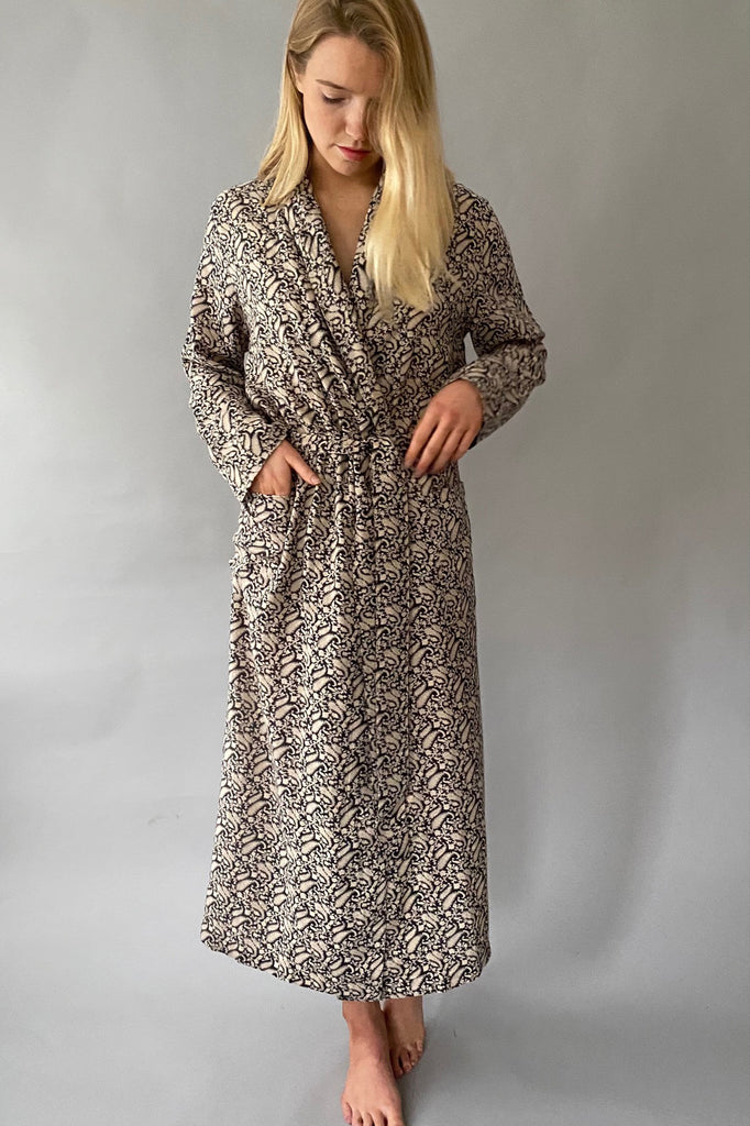 dressing gown in lightweight brushed cotton  black and cream paisley print by caro london