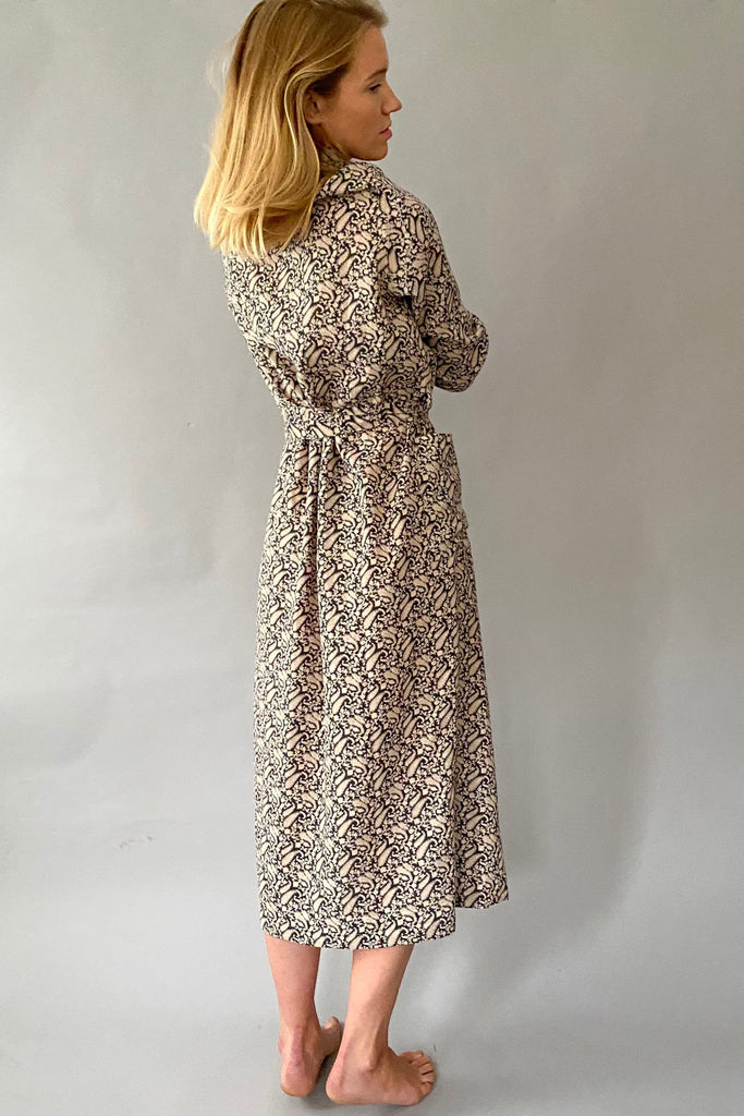 dressing gown in lightweight brushed cotton  black and cream paisley print by caro london