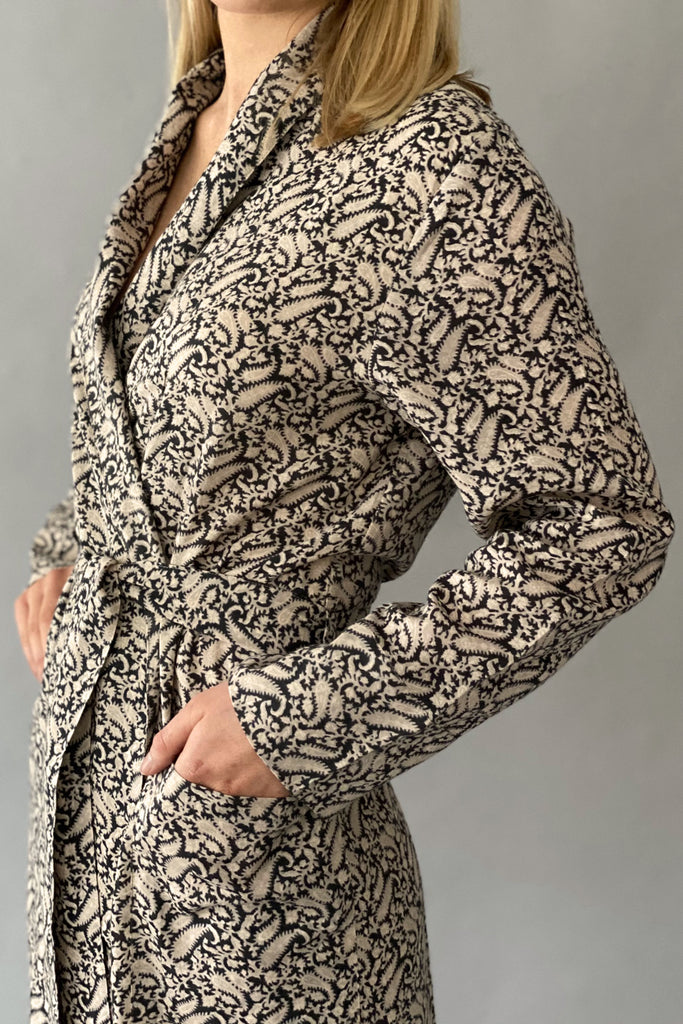 dressing gown in lightweight brushed cotton  black and cream paisley print by caro london