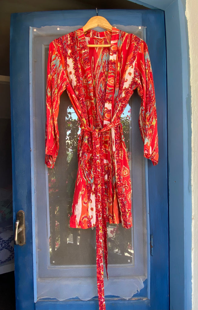 short kimono robe in red white and turquoise swirly abstract print on viscose fabric by caro london