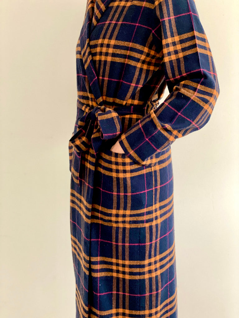 dressing gown emmylou dark blue orange pink check in brushed cotton