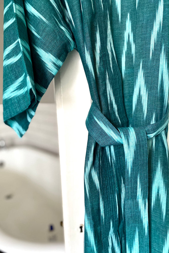 ladies cotton kimono robe in green ikat woven motif by caro london