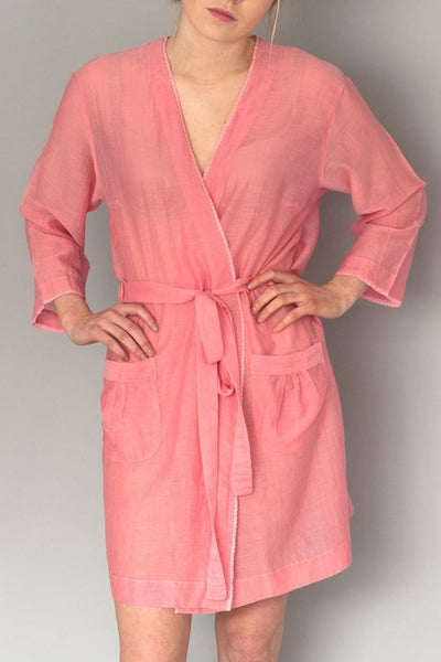 short knee length kimono in solid coral pink silk