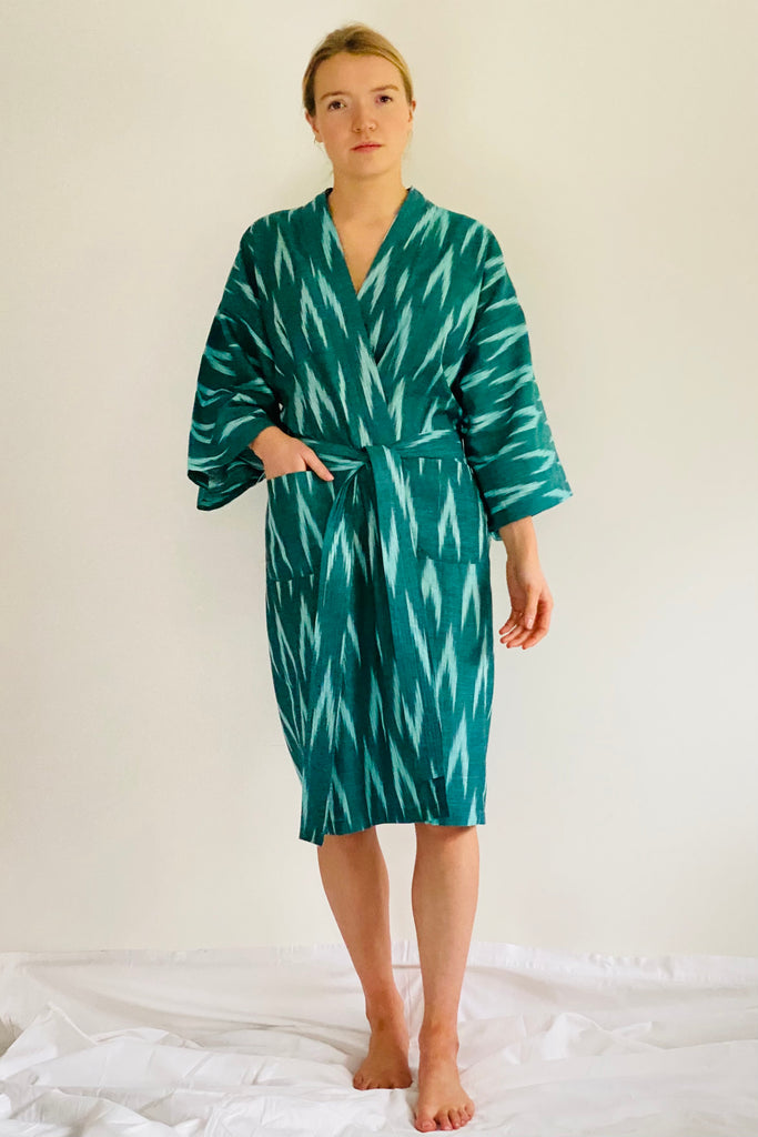 ladies cotton kimono robe in green ikat woven motif by caro london