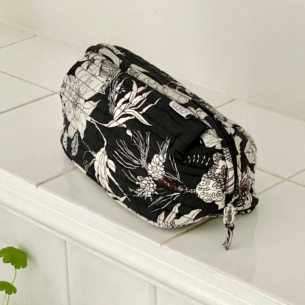 black and white floral print long make up bag